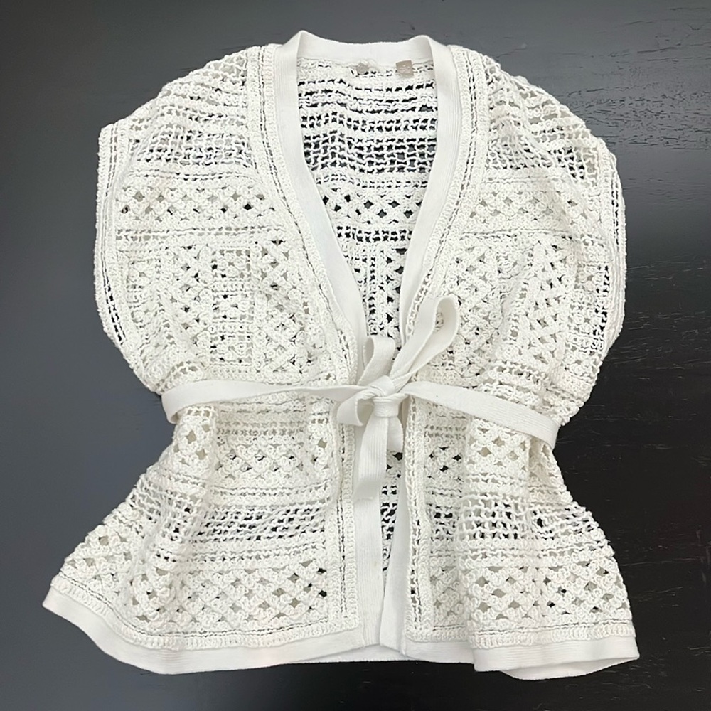 Anthropologie White Crochet Short Sleeve Top, Size Medium